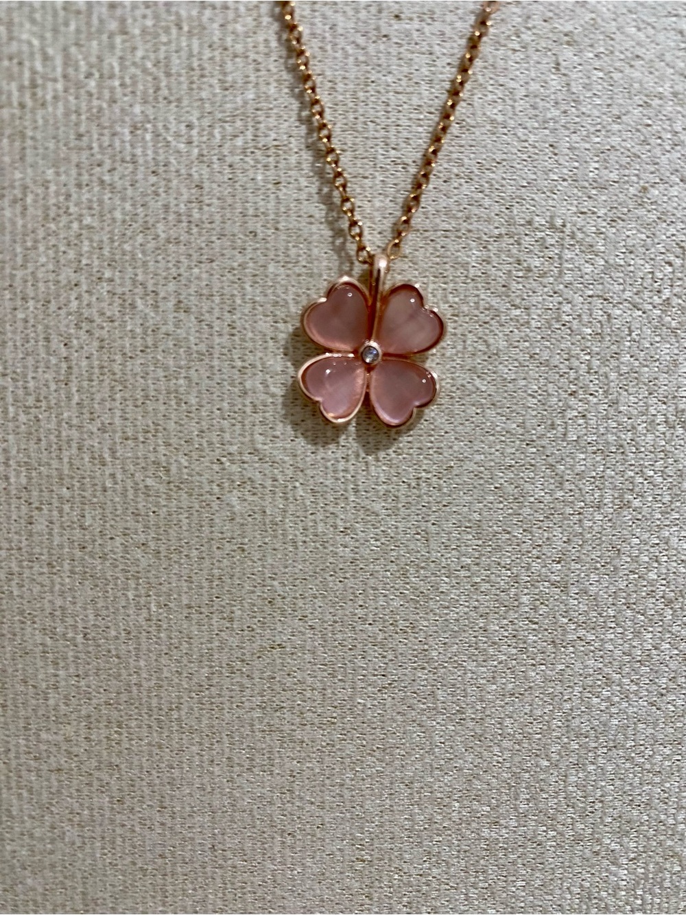 Pink Enamel Four-Leaf Clover Pendant Necklace in Rose Gold Tone